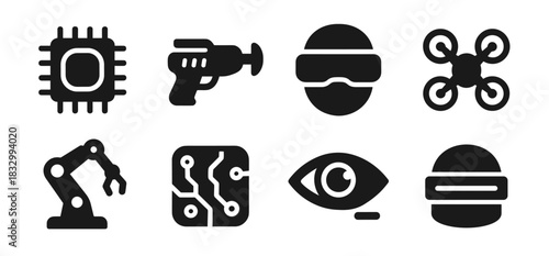 Technology icon collection in black featuring microchip, ray gun, vr headset, drone, robot arm, circuit board, eye scanner, and helmet visor