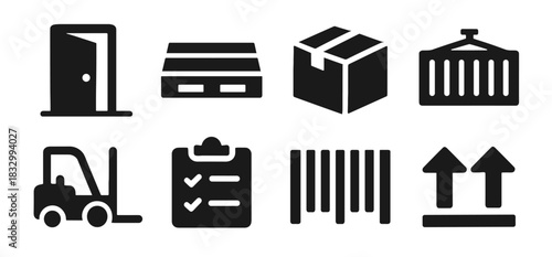 Warehouse and logistics icon collection in black. Set includes door, pallet, box, container, forklift, checklist, barcode, and arrows up