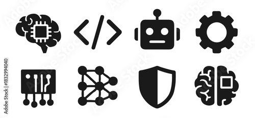 Artificial intelligence icon collection in black. Set includes brain chip, code brackets, robot, gear, circuit board, neural network, shield, and brain module