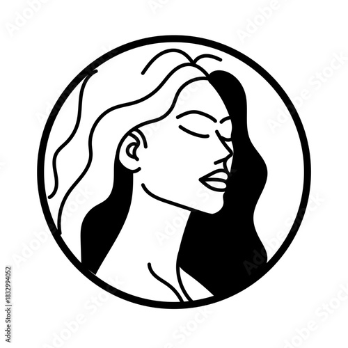 A minimalist black and white circular logo showing the profile of a woman with closed eyes.