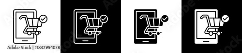 Shop Online icon set in line and glyph style on black and white background
