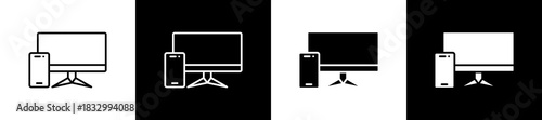 Device icon set in line and glyph style on black and white background