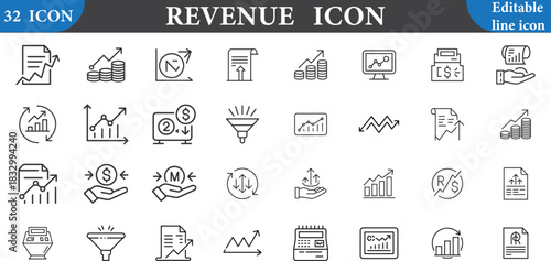 Set of 32 revenue and finance line icons for business growth