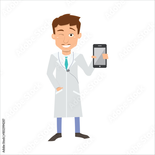 Happy doctor showing a smartphone screen and winking. Concept of telemedicine or medical app