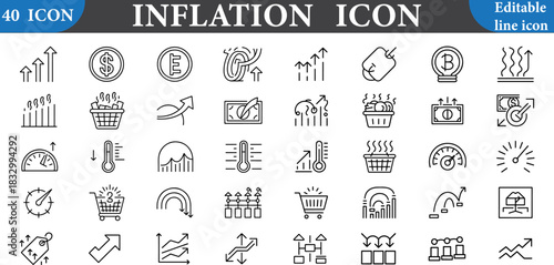 Set of 40 inflation icon line art symbols for finance concept