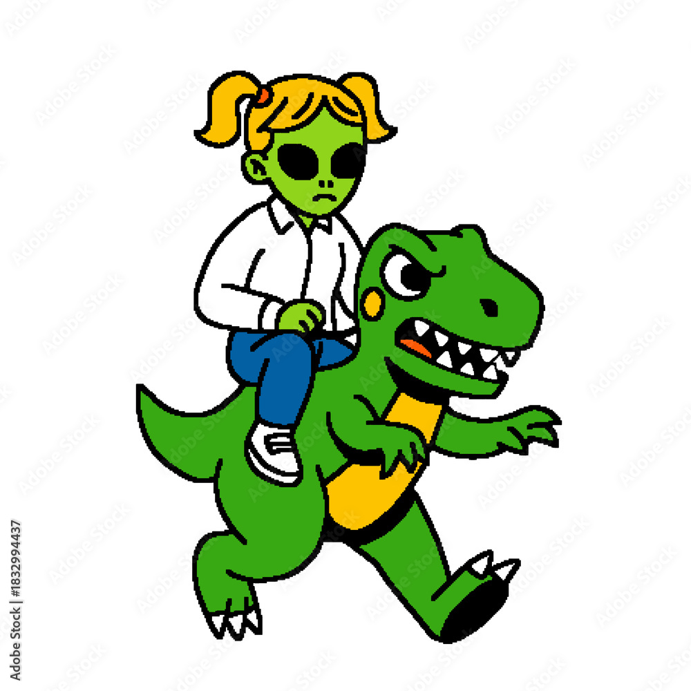 Obraz premium Alien Girl Riding a Dinosaur Illustration
