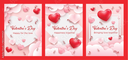 A romantic Valentine’s Day card set featuring 3D-style hearts, soft clouds, and elegant typography. Designed in warm pink and red tones, perfect for greeting cards, social media posts, invitations, an