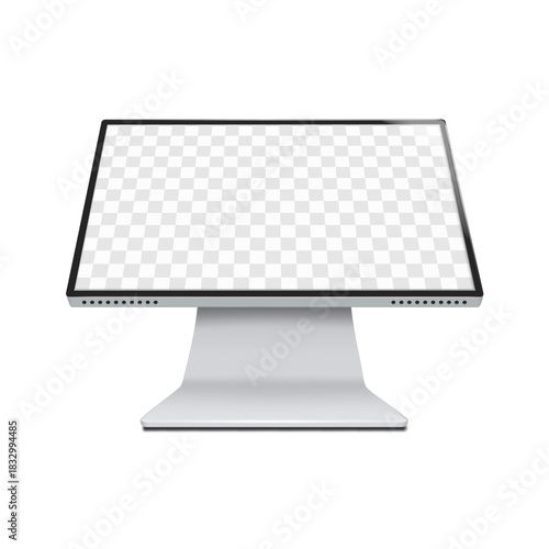 Countertop empty LCD panel monitor screen. Realistic 3d vector mockup. Tabletop touch screen self-service digital kiosk. Mock-up. Interactive touchscreen retail display stand. Template for design