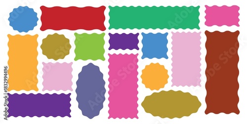 Rectangle, square and oval shape frame with zigzag edge.Different shapes and sizes frame with zigzag edge. Rectangular jagged curved box element. Colorful zigzag shapes. Set of wavy edge frames.  