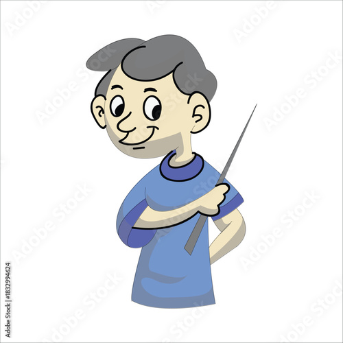 Boy holding a pointer stick, acting like a teacher or presenter explaining something