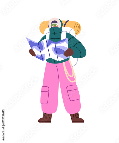 Tourist with paper map navigates, looks for route in winter travel, hiking. Hiker with backpack for climbing mountain searches for destination. Flat isolated vector illustration on white background