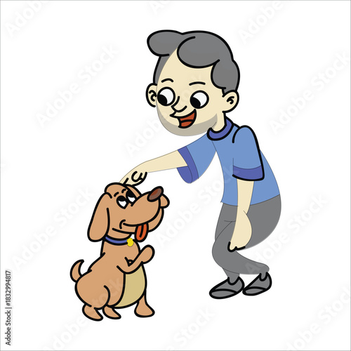 Gentle boy petting a small cute puppy sitting on the floor. Concept of adoption or care