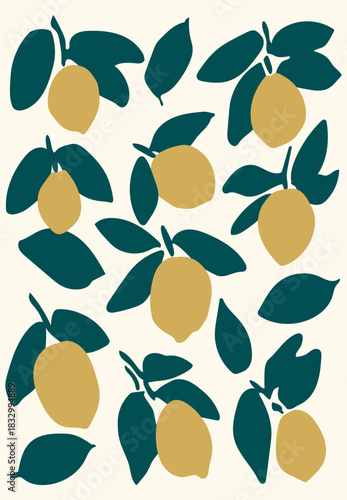 A repeating pattern of solid golden yellow lemons and dark green leaves on a cream background.