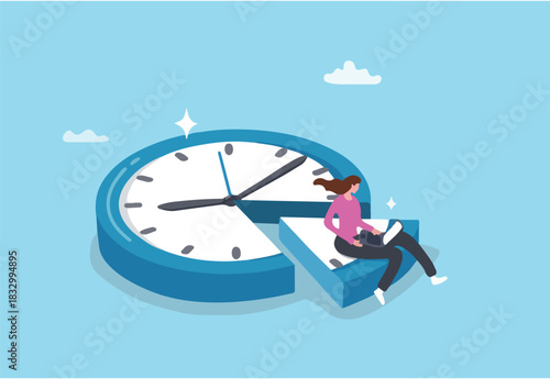 Part-time job, work tracking system, day planning or time management, side hustle or office work deadline, start and end time schedule concept, businesswoman working with laptop on split time clock.