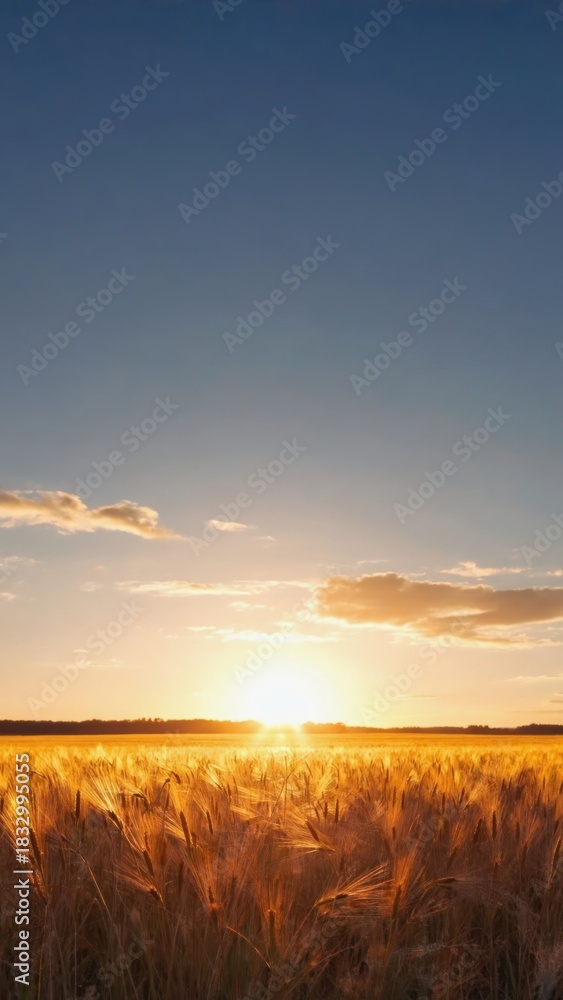 Fototapeta premium Wheat field landscape at sunset with dramatic sky, golden hour agriculture harvest background, vertical 9:16 background for social media stories