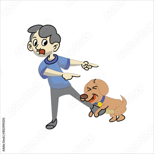 Shocked boy pointing at a naughty dog biting his leg or pants. Concept of obedience training