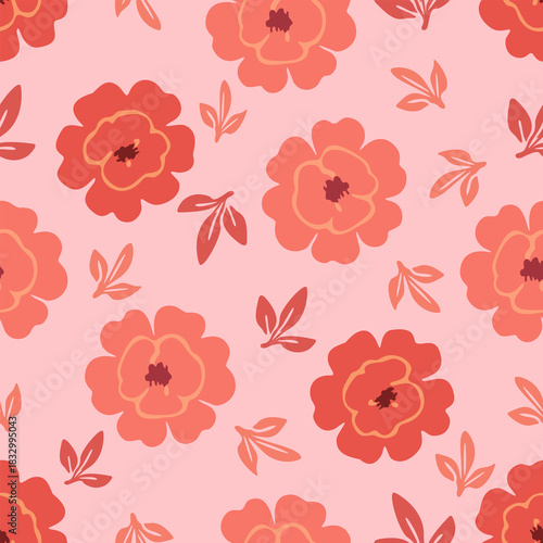 Soft coral and red floral blooms with delicate leaf accents on a pastel pink background, creating a charming, feminine, seamless pattern perfect for textiles and decorative design.