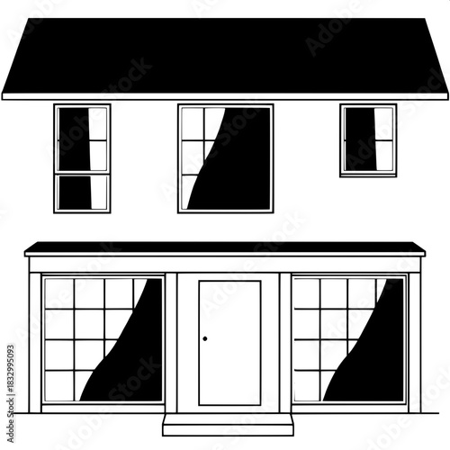 Clean, minimal house graphic rendered in a stark black and white color scheme, viewed from a direct frontal perspective, with sharp, geometric shapes and a prominent window grid that dominates the fac