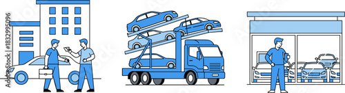 Car buying illustration, vehicle delivery process, auto dealership concept, transportation logistics, car showroom, modern flat vector design for automotive business