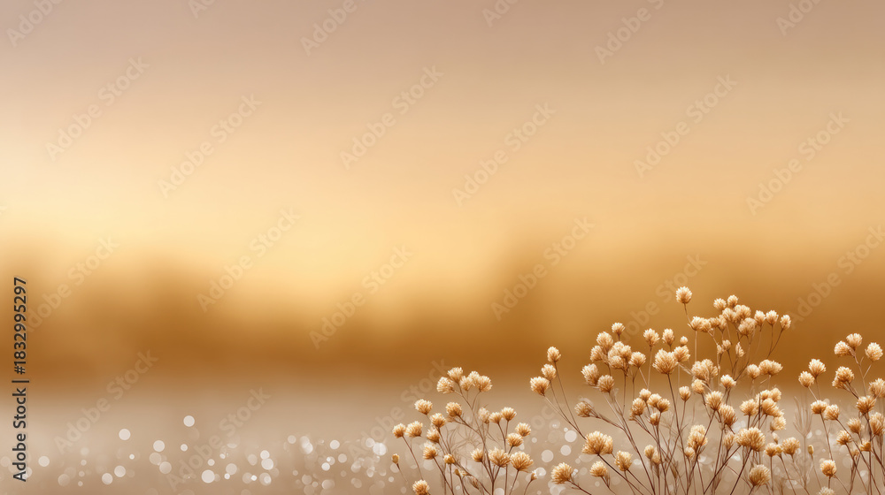 Fototapeta premium Soft cream gold sunset gradient with delicate wildflowers in foreground, dreamy bokeh effect, peaceful and tranquil mood