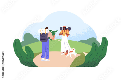 Couple with backpacks and dog travels together. Tourists navigate with map in hiking. People look for path, search for route to destination in nature trip. Flat isolated vector illustration on white