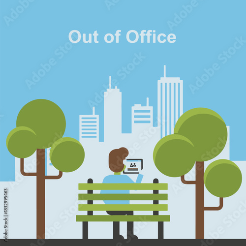 Professional enjoying a remote work break in an urban park setting with technology