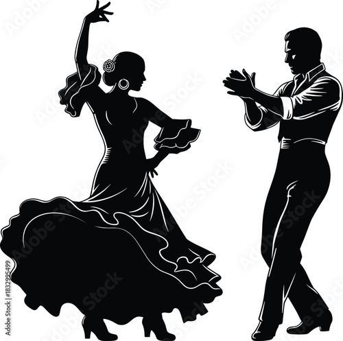 Silhouette illustration of Flamenco dancers in expressive poses for cultural, performance, and editorial vector content