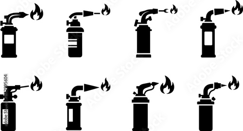 "Blowtorch Silhouette Icons – Active Flames and Varied Industrial Tool Designs in Vector Format"
