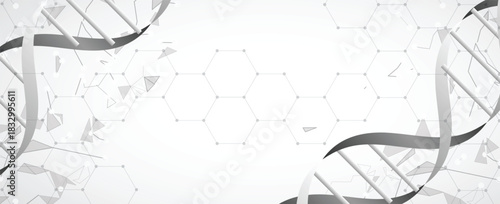 Molecule model with hexagons, DNA strands, connected neural web