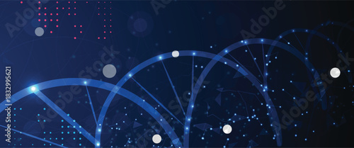 Molecule model with hexagons, DNA strands, connected neural web