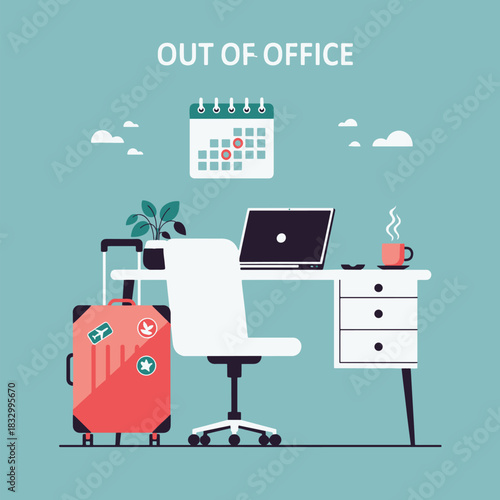 Vacation time starts now empty office desk with a packed travel bag
