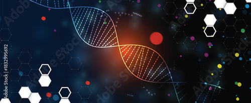 Molecule model with hexagons, DNA strands, connected neural web