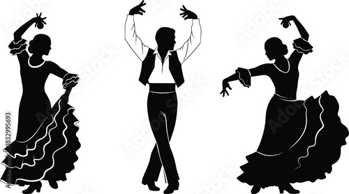 Silhouette illustration of Flamenco dancers in expressive poses with traditional attire for Spanish culture and editorial vector content