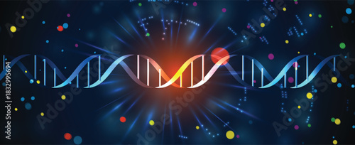 Molecule model with hexagons, DNA strands, connected neural web
