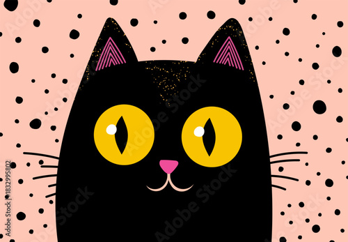 Illustration of a black cat head with bright yellow eyes on a pink background with dots