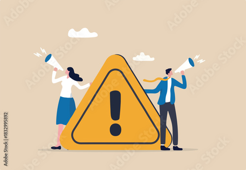 Important announcement, attention or warning information, breaking news or urgent message communication, alert and beware concept, business people announce on megaphone with attention exclamation sign