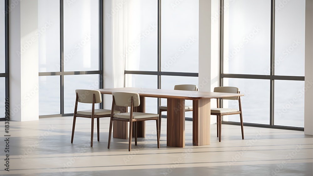 Fototapeta premium Picture of table and chairs set in room with expansive windows. This image can be used to showcase modern and airy interior design concept. High quality.