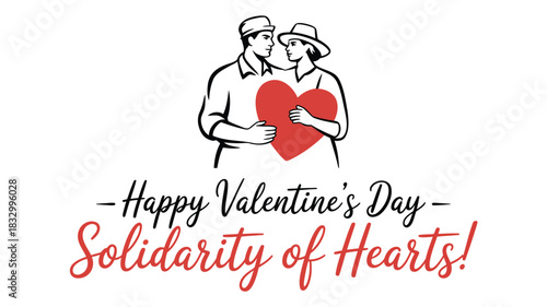 A loving couple embraces holding a large red heart between them symbolizing unity and affection with the text happy valentine s day solidarity of hearts