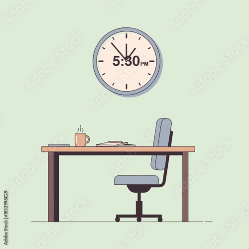 Professional workspace illustration clock marks 530 PM workday end