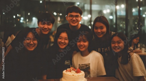 Group of young adults with birthday cake