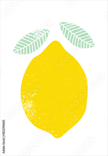 A textured yellow lemon illustration with two mint green leaves on a white backdrop.