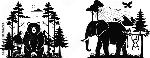 Silhouette illustration of forest and jungle wildlife scenes with bear, elephant, and other animals for nature and editorial vector content