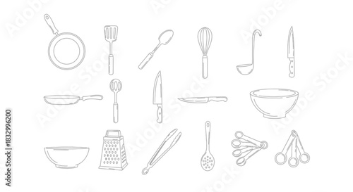 A light gray line art pattern of various kitchen utensils and bowls on white