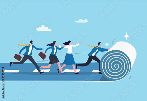 Leadership to lead team career path, business strategy development, effort or ambition to progress work success, motivation achievement, businessman rolling career path for team colleague to follow