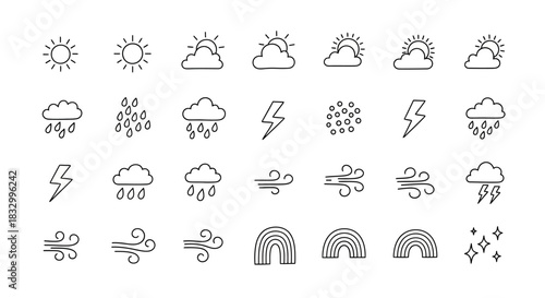 Black and white handdrawn icons representing various weather conditions arranged in a grid