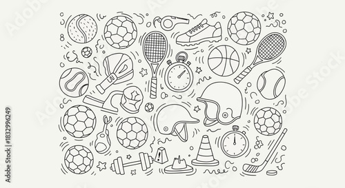 Black and white doodle pattern of various sports equipment and gear