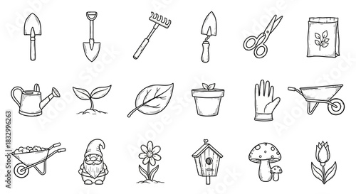 Black and white line art collection of gardening tools plants and accessories