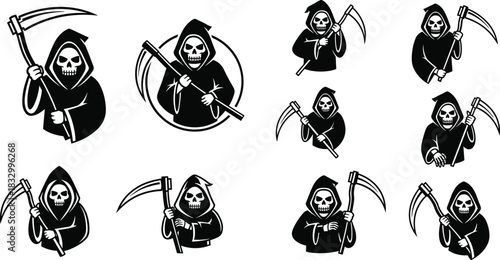 Silhouette icon set of Grim Reaper figures with scythes and cloaks for symbolic, gothic, and editorial vector content