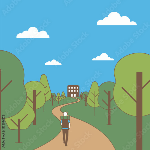 One person hiking through a peaceful green forest path towards a distant home