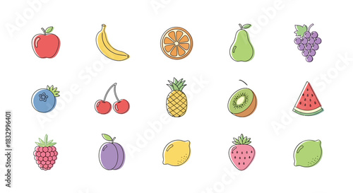 Fifteen colorful sketched icons of different fruits arranged in three rows